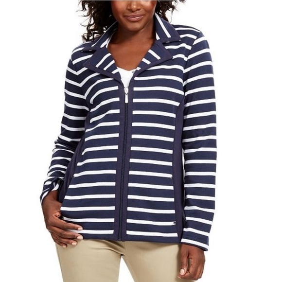 Karen Scott Sweaters - NWOT Woman’s Karen Scott Sport Navy White Striped Zip Jacket Plus Size 1X